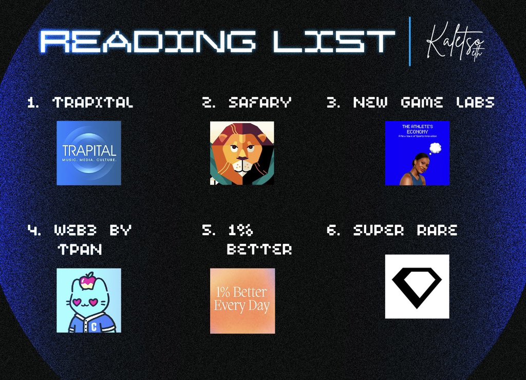 What are you reading now? 

Here are a few publications and mailing lists I'm subscribed to:

1. @TrapitalMedia offers insights into music, media, and culture. @RuncieDan Runcie's tips from the music business are universally applicable.

2. @Safaryclub 🦁 is Web3's premier