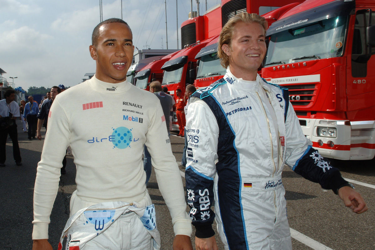 nico and lewis on july 30, 2006, in hockenheim, germany. nico competed in the f1 german gp, while lewis raced in the hockenheimring gp2 sprint race.