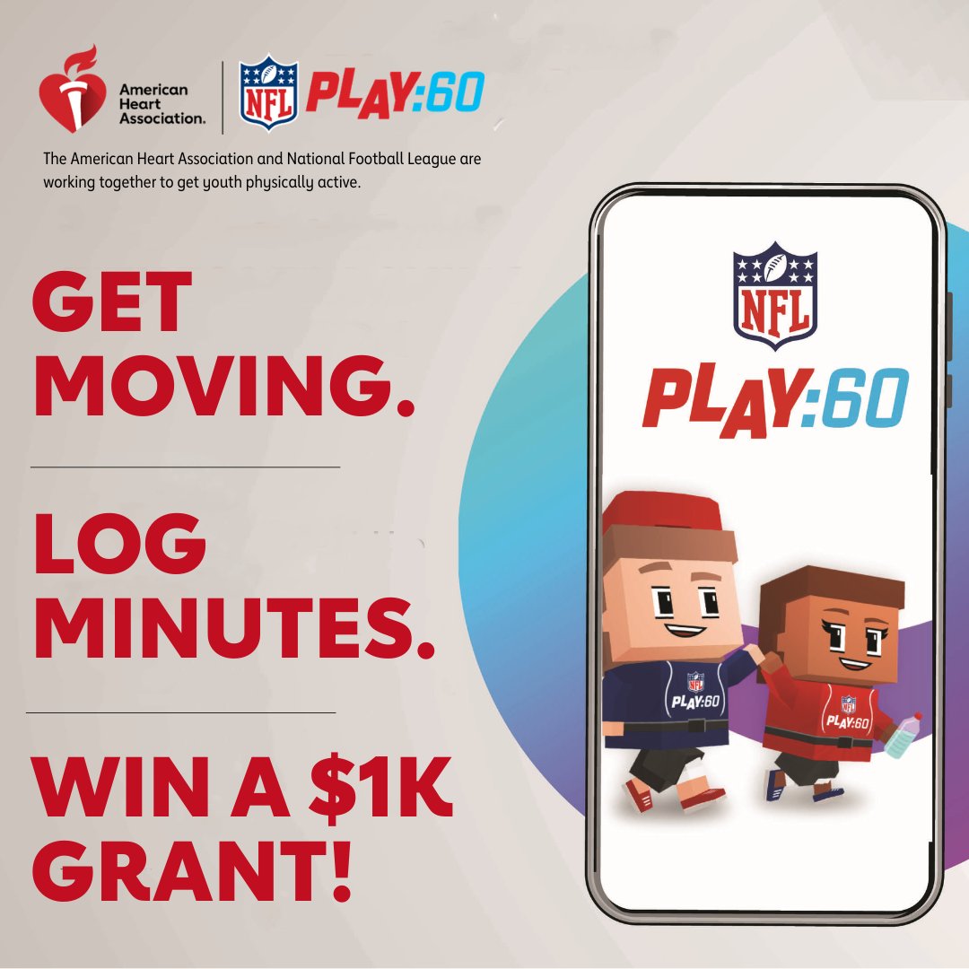 Let the competition begin! 32 schools will receive a $1,000 @NFL #PLAY60 grant by getting active with the NFL PLAY 60 app. 🏆 Commit to participating today at Heart.org/NFLPLAY60.