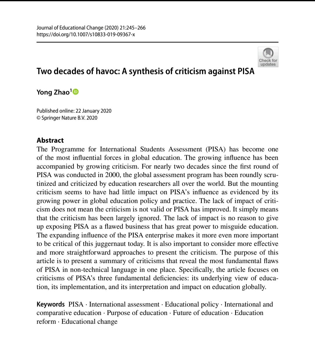 Con la publicación de los resultados de las pruebas PISA 2022 surgen numerosas inquietudes. Es nuestra labor hacernos preguntas y abrirnos a la consideración de diferentes perspectivas. Aquí va la referencia a un artículo provocador de <a href="/YongZhaoEd/">Yong Zhao, Ph.D</a> rdcu.be/b0ERA