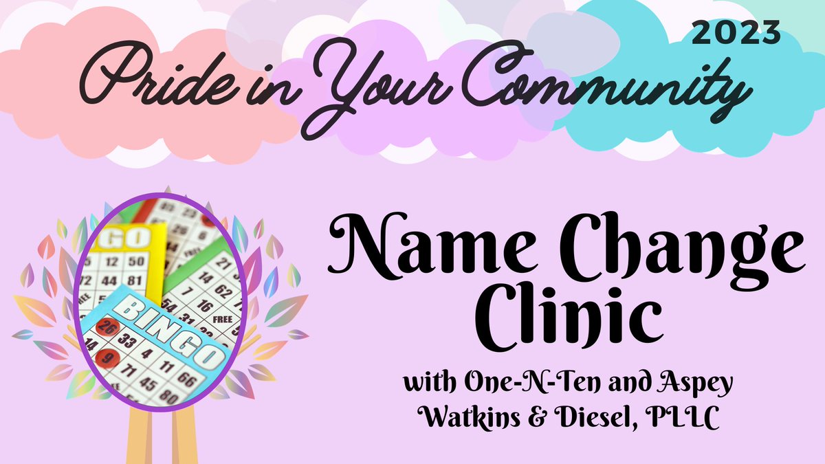 Are you a trans or gender nonconforming individual and need help legally changing your name?

We are collaborating with One-N-Ten and Aspey, Watkins &amp; Diesel to host a hybrid Name Change Clinic, with 1-1 legal consultation!

Mon, 2/12/24
6:30-7:30pm
flagstaffpubliclibrary.libcal.com/event/11113467