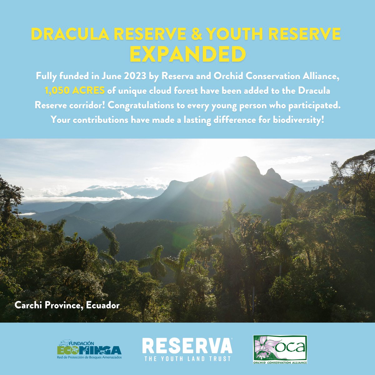 📰 We are excited to share some long-awaited news: The paperwork is complete, and Dracula Reserve has grown by 1,050 acres! 🌴 Hundreds of youth donated or fundraised for this project, an expansion to the world's first youth-funded reserve and the wider Dracula corridor. 💚