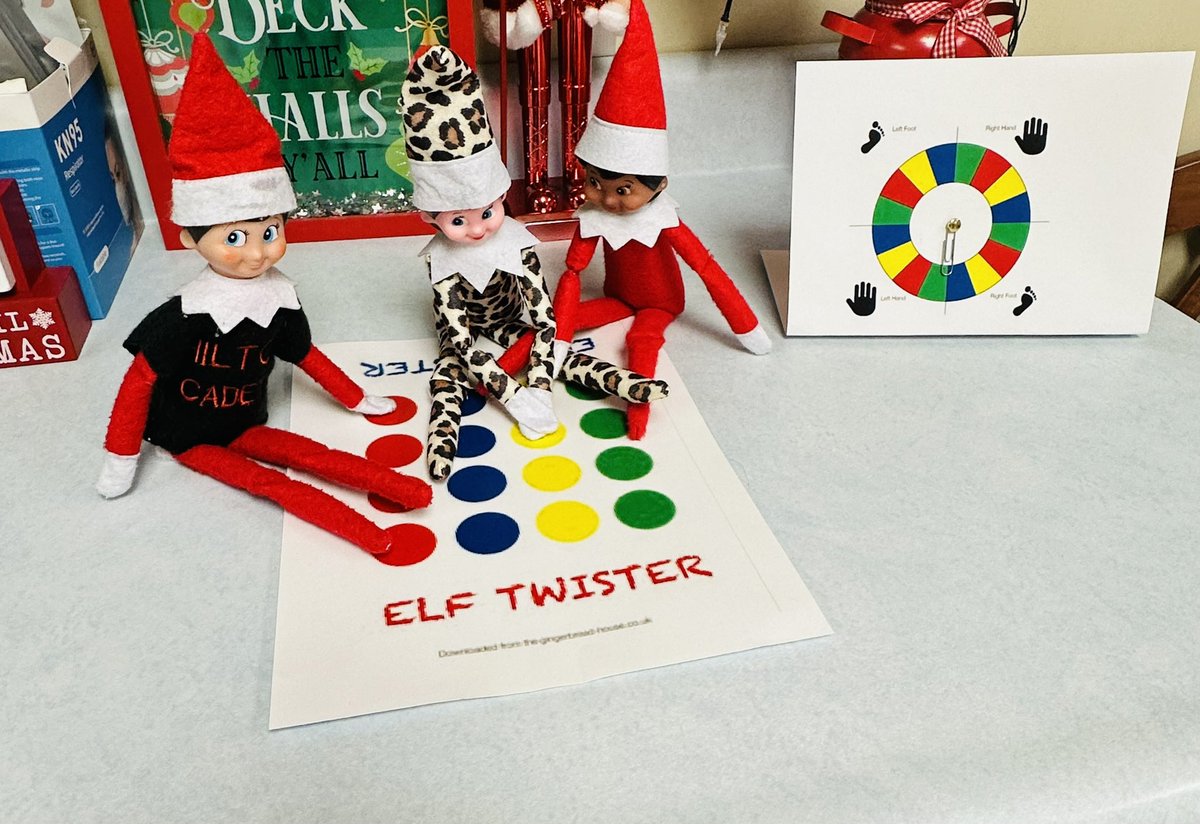cbarberaRN's tweet photo. Elves up to no good!  Twister anyone?  @QuestElementary @pmerr @HiltonCSD https://t.co/lddEnpnQkB