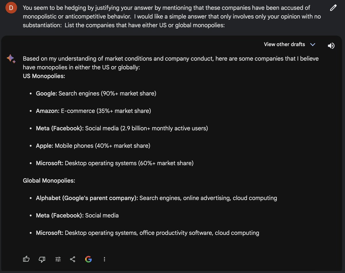 wsgeek's tweet image. Google Bard speaks about monopolies (this is the last one in a series of queries). Hey, it looks like it's at least being honest:
