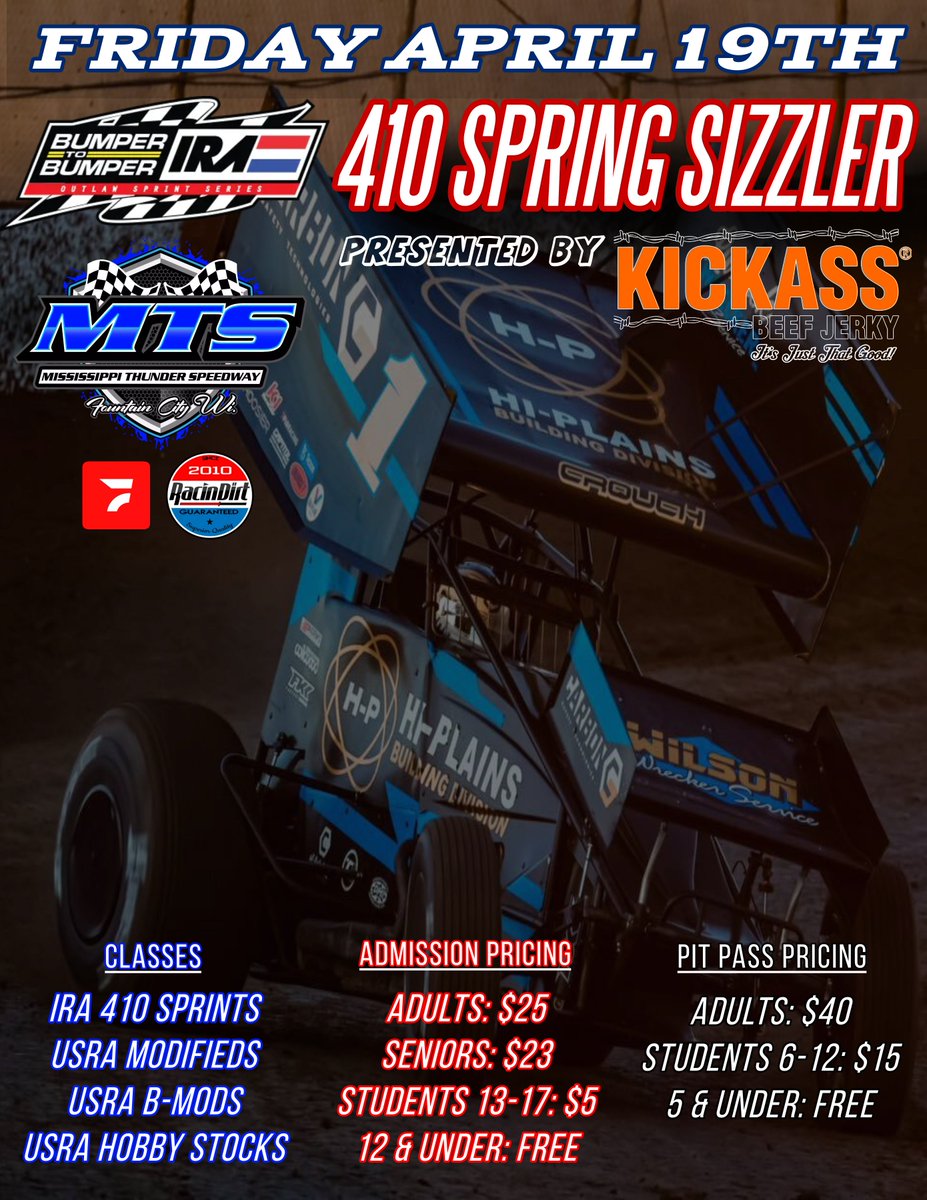 Are you ready for a 'Kickass' Season Opener? On Friday, April 19th the @IRA_sprints will invade Fountain City, WI for the 410 Spring Sizzler presented by @KICKASSBEEFJERK! @USRAracing Modifieds, USRA B-Mods and USRA Hobby Stocks will round out the event card!