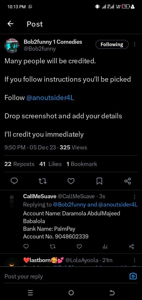 CallMeSuave's tweet photo. @Bob2funny @anoutsider4L Account Name: Daramola AbdulMajeed Babalola 
 Bank Name: PalmPay
Account No. 9048602339 https://t.co/eqEncuTysf