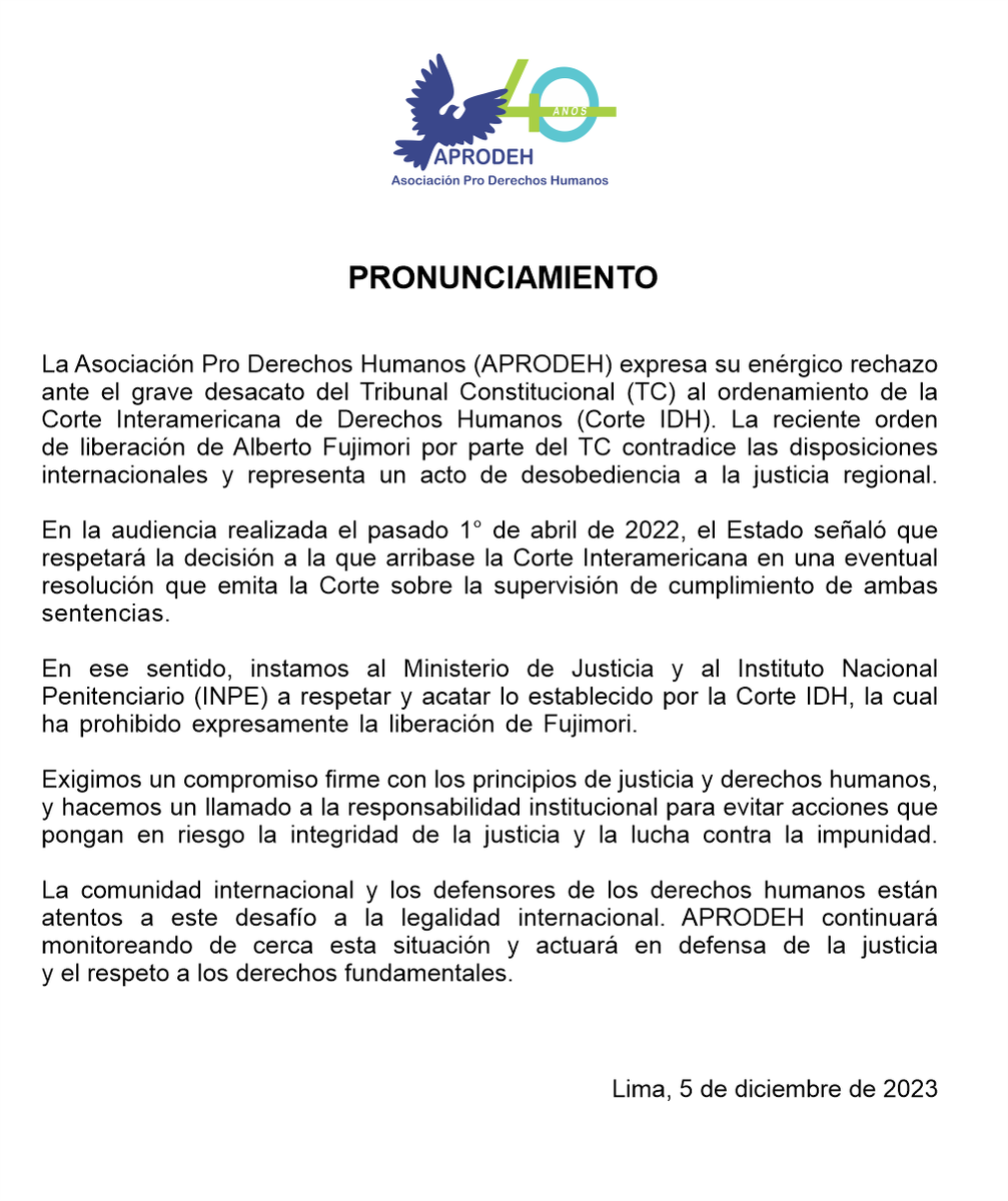 🚨 #URGENTE
Condenamos desacato del TC a la Corte IDH. La orden de liberación de Fujimori desafía normativas internacionales. Exigimos a Ministerio de Justicia e INPE respetar la prohibición y comprometerse con la justicia y los derechos humanos.

#NoalaImpunidad #Fujimori