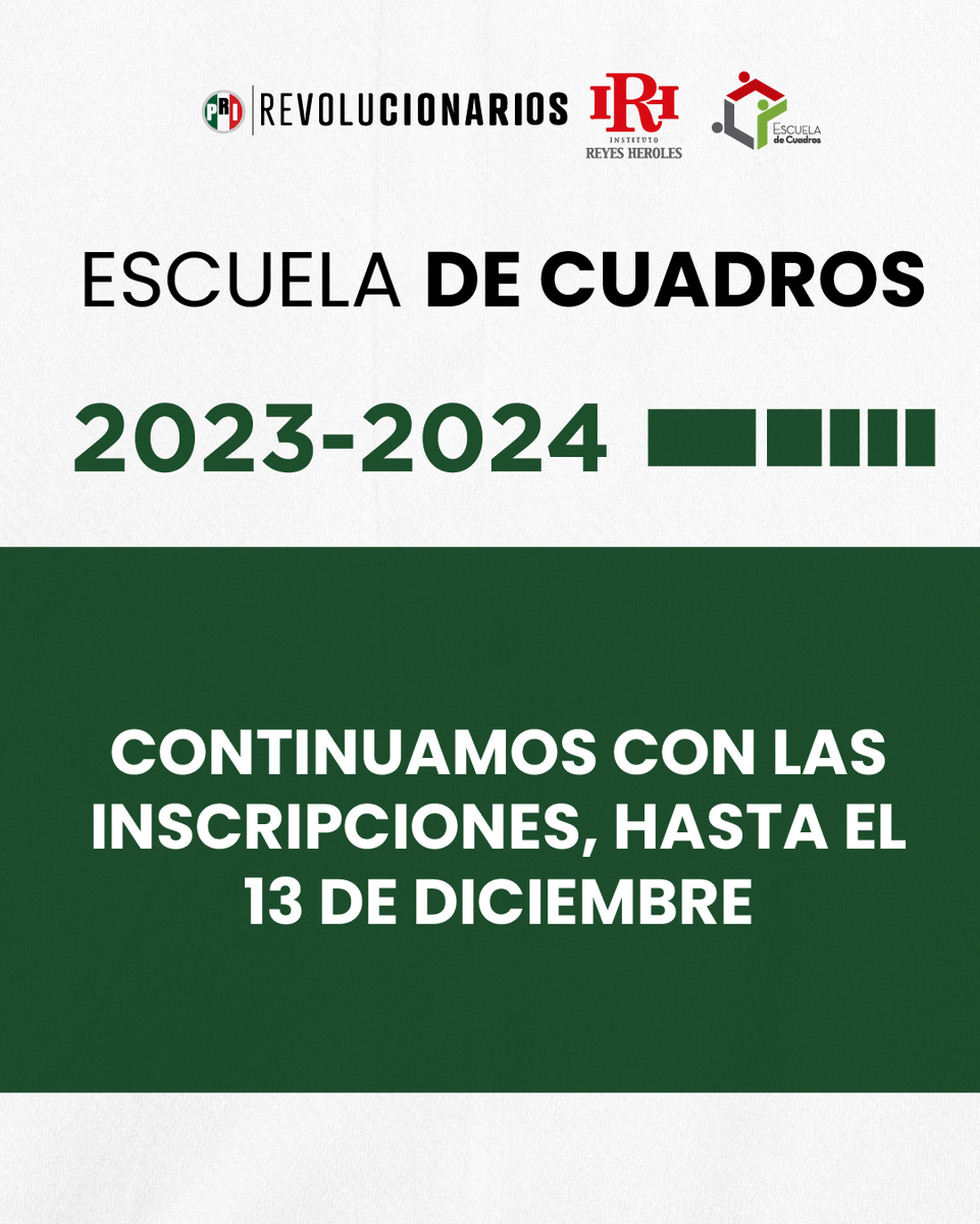🚨 Atención 🚨

Continuamos con las inscripciones de la Escuela de Cuadros Generación 2023-2024, hasta el día 13 de diciembre. 

Consulta las bases de la convocatoria e inscríbete: cutt.ly/XwUFWUFW

#PolíticosConValor 📚
