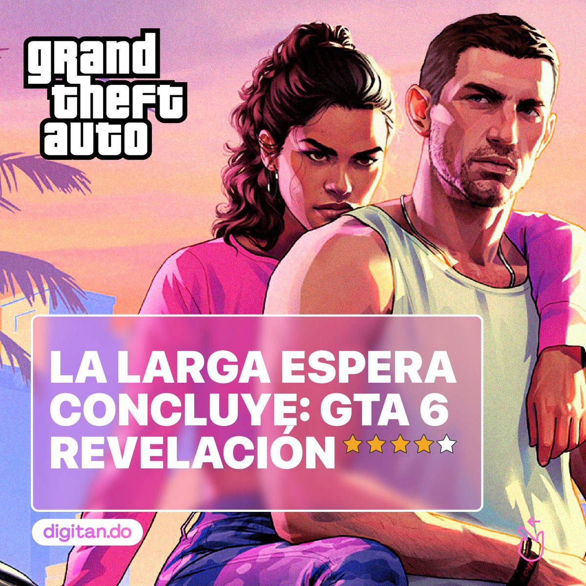 Digitandord's tweet image. ¡Ay, ay, ay! Por ahí viene la GTA VI y estamos emocionados 🤩

¿Qué les parece? 😁🎮 
#Digitando #RD #Tecnologia #gta6