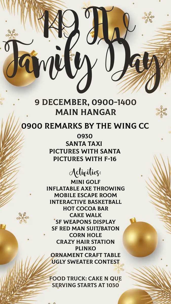 149FW's tweet photo. Gunfighters,
Please see the attached flyer for the upcoming Family Day!
Date: 9 December
Time: 0900-1400
Location: Main Hangar
0900: Remarks by the Wing Commander
0930: Santa Taxi
Pictures with Santa
Pictures with F-16
Food Truck: Cake N Que, serving starts at 1030 https://t.co/4T70uv3HEl