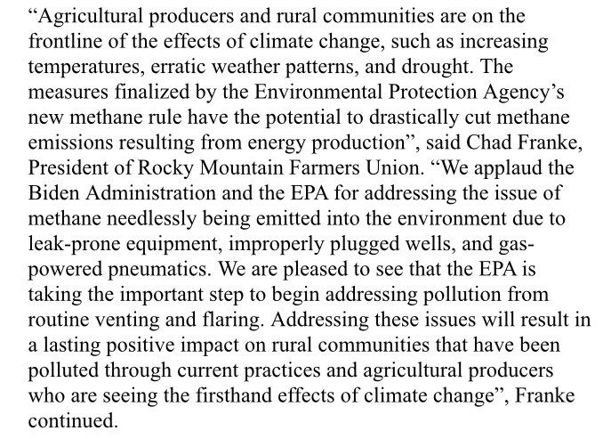 The Environmental Protection Agency released its final Section 111 Methane Rule on 12/2/23. See Rocky Mountain Farmers Union President Chad Franke’s quote on the release of this rule:
