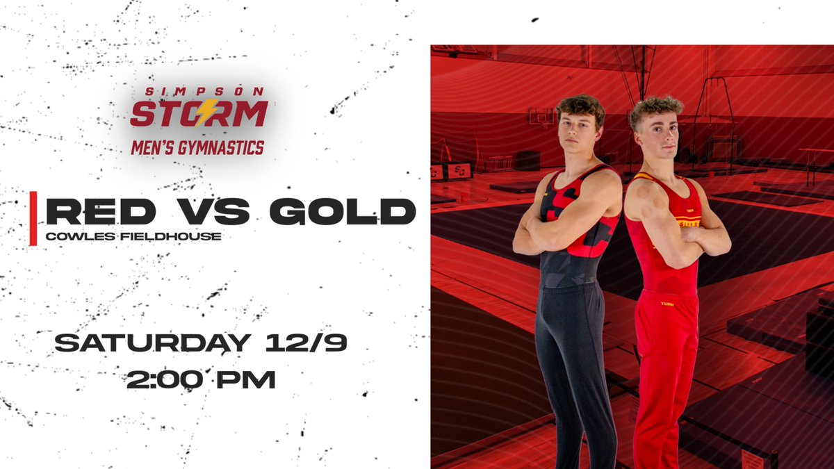 SimpsonMGym's tweet photo. This Saturday is your first chance to Simpson Men's Gymnastics in action! See you in Cowles Fieldhouse Saturday at 2:00pm!

#rollstorm https://t.co/ANxOAmyJZ3