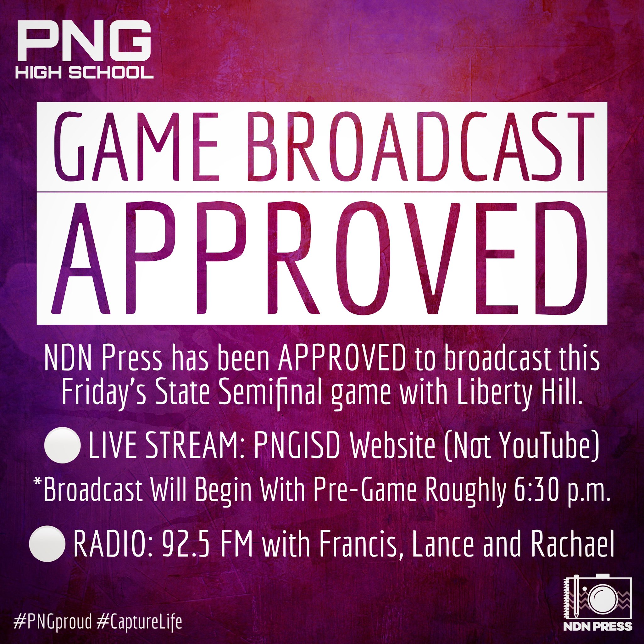 PNG Indians on X: APPROVED: NDN Press has been APPROVED to broadcast this  Friday's State Semifinal game with Liberty Hill on our website,   Kickoff is scheduled for 7 p.m. The NDN