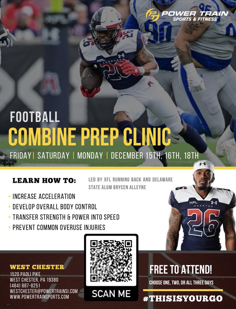 PTWestChester's tweet photo. Are you in need of some football fine tuning? Come work with XFL running back Brycen Alleyne on the 15th, 16th, and 18th to get ready for next season! 

Register today to attend the FREE combine prep clinic ⬇️⬇️⬇️

https://t.co/DuXhqbq9mG https://t.co/BElFedepvu