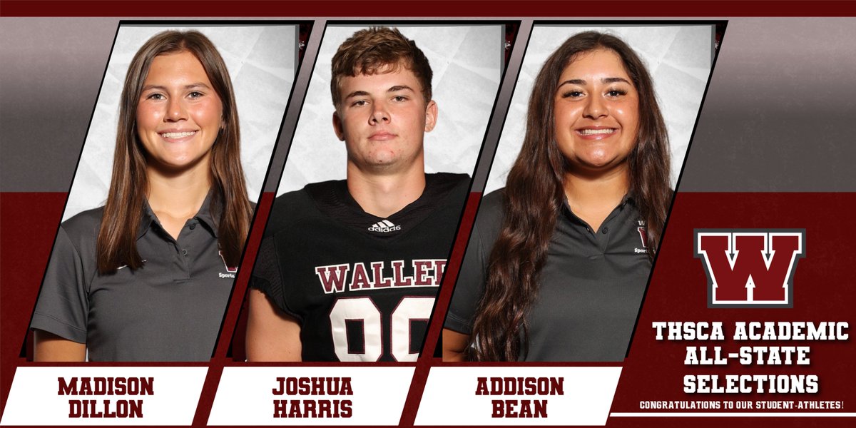 We are happy to announce The <a href="/THSCAcoaches/">THSCA</a> Academic All-State Team selections from Waller High School. Madison Dillon was First Team! Joshua Harris was Second Team! Addison Bean was Honorable Mention! Hard work pays off. #WeAreWaller #BulldogBrag #THSCA #scholarathlete