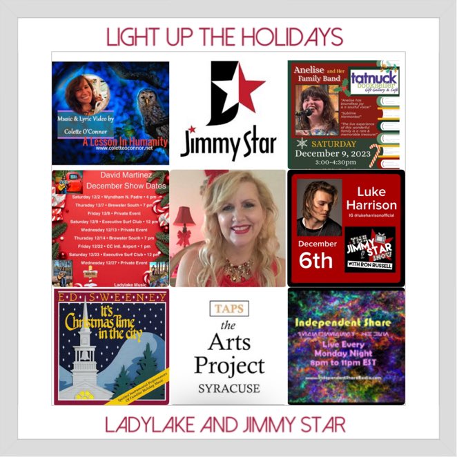 ♥️✨ Friends please join @ThisIsJimmyStar and @LadyLakeMusic as we continue our #LightUpTheHolidays project!! This week please welcome @ArtsSyracuse @LoriDiamond @independentshar with @davidmartinezmu @edsweeneymusic @OConnorColette @jimmystarshow with @RonRussellShow ♥️✨