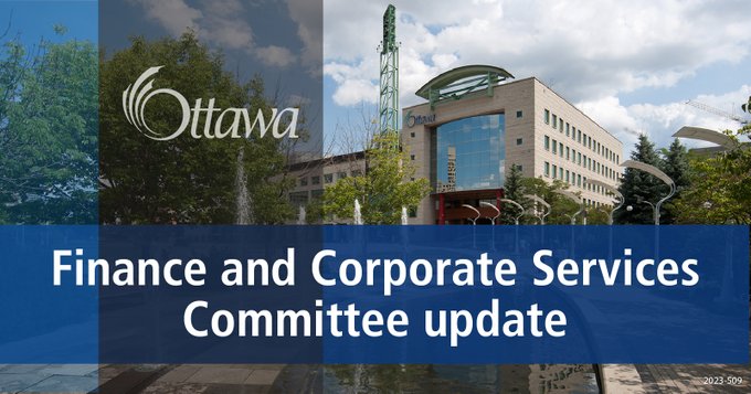A graphic with Ottawa City Hall is in the background. A vertical grey stripe and a horizontal blue stripe are in the foreground with with "Finance and Corporate Services Committee update" in the centre.