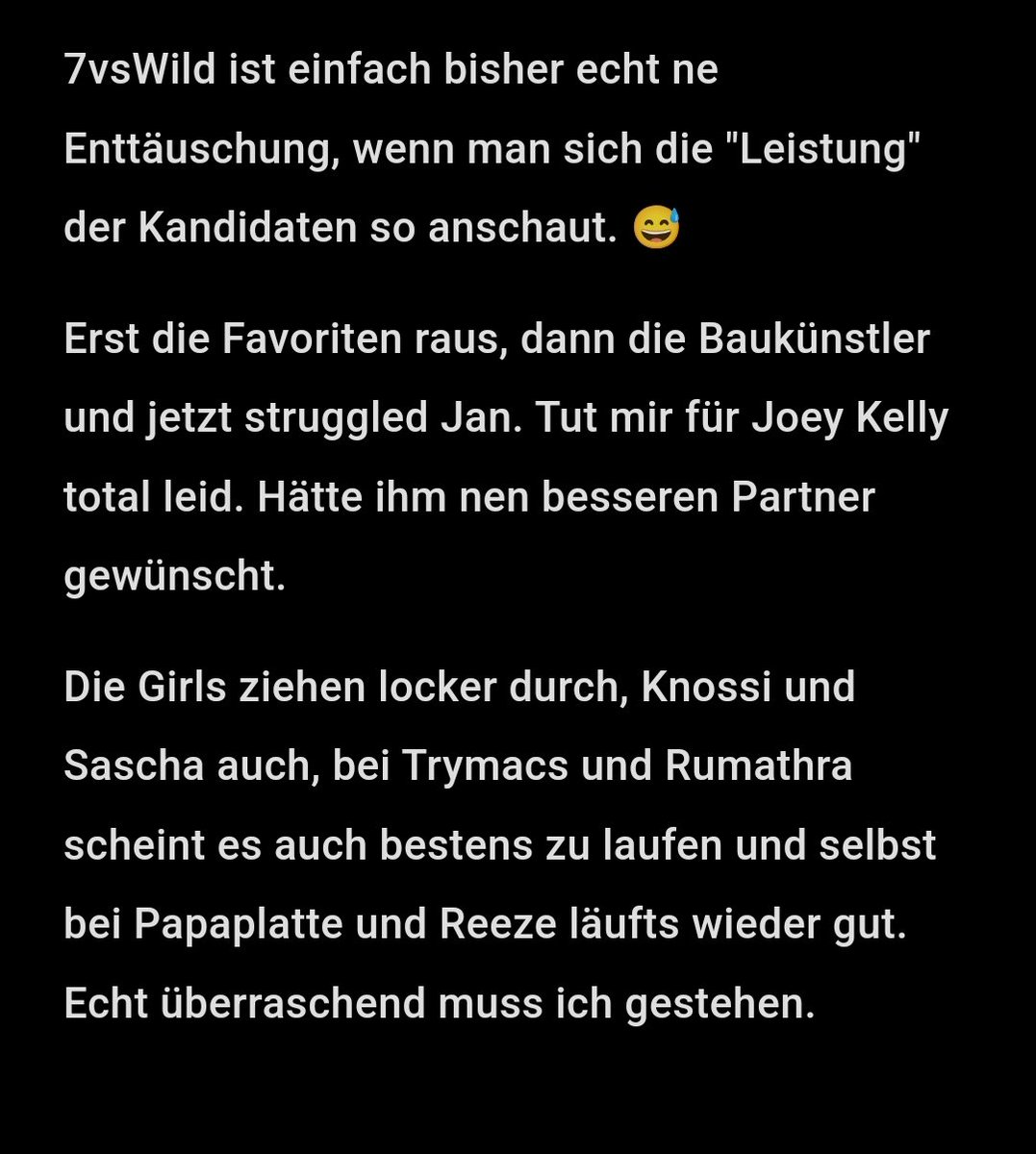 Wie sind eure Gedanken nach 11 Folgen #7vswild?
Post nicht anklicken, wenn ihr nicht gespoilert werden wollt. 😁