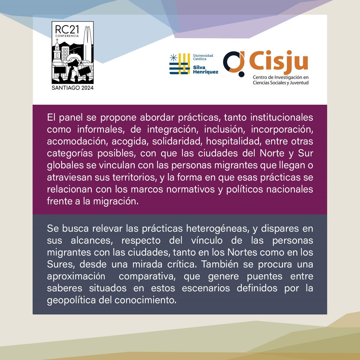 CisjuUcsh's tweet photo. 📌 ¡Convocatoria de presentación de resúmenes hasta el 31 de diciembre! Presenta tu resumen para uno de los paneles de CONFERENCIA RC21 2024, en🔗✅ https://t.co/wBlI9vgMgX. Coordinación a cargo de la directora del @CisjuUcsh, @Fer_Stang_Alva.

Detalles en las imágenes👇. https://t.co/jCdyYlPUca