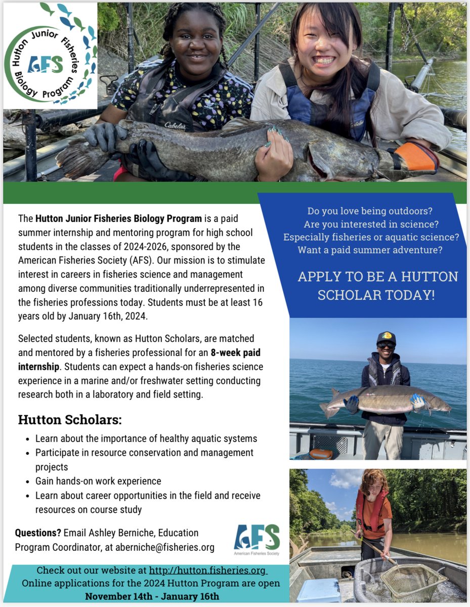 Applications for the 2024 Hutton Program are now open! High school students interested in fisheries, aquatic science, and marine biology in the US, Mexico, & Canada can apply for a paid summer internship program. Apply at hutton.fisheries.org by 1/16. #internships #stem #dei
