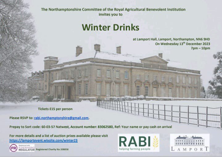 🥂RABI is hosting Winter Drinks and an auction next Wednesday at the beautiful Lamport Hall, 7pm.

If anyone needs a good excuse for a night out in aid of a cause close to home, there are some cracking prizes in the auction 👀 here lamportevent.wixsite.com/winter23/proje…
