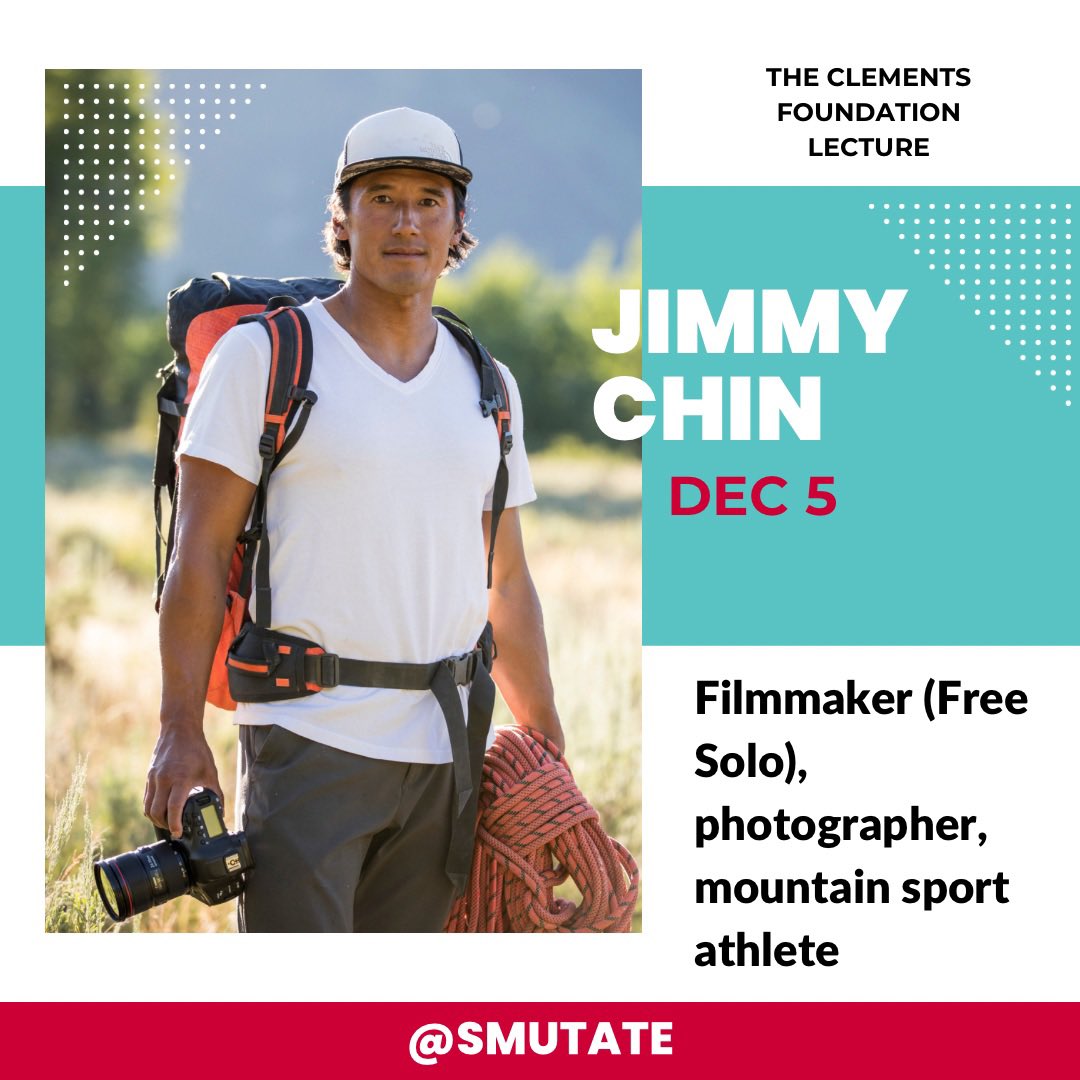 SMUtate's tweet image. Did you know Jimmy Chin co-directed the Academy Award-winning documentary Free Solo? 🎬
See you TONIGHT at the Tate Lecture Series to hear about his thrilling experiences from mountain peaks to the director's chair. Don't miss out!