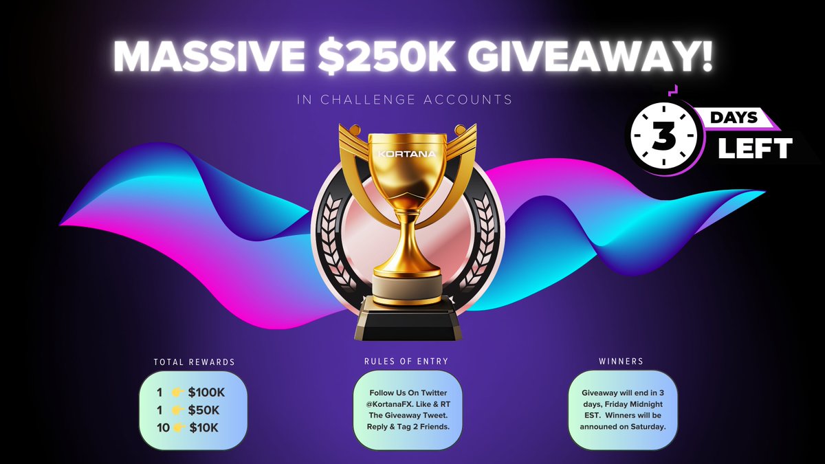 KortanaFx's tweet image. 🚨 MASSIVE YEAR-END $250K GIVEAWAY! 🚨 

Rules of Entry:

1️⃣ Follow @KortanaFx 
2️⃣ Like &amp;amp; RT This Tweet
3️⃣ Tag 2 Friends In The Replies

The giveaway ends Friday at Midnight EST. Winners are announced on Saturday 🦉

It's on! 🎁