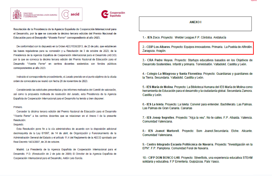 El CEIP Los Albares ha sido premiado en la XIII edición del Premio Nacional de Educación para el Desarrollo Sostenible y la ciudadanía global  “Vicente Ferrer”, otorgado por la Agencia Española de Cooperación Internacional para el Desarrollo, junto con el MEFP. <a href="/InnovaEducAr/">InnovaEducAr</a>