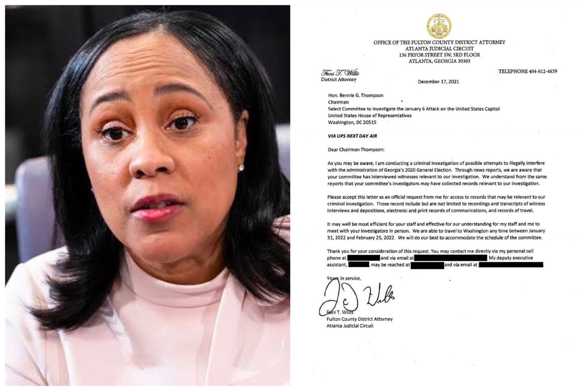 CollinRugg's tweet photo. JUST IN: The House Judiciary committee has launched an inquiry into Fulton County DA Fani Willis for colluding with the January 6th committee.

🔥🔥🔥

The committee discovered a letter between Willis and Chairman Bennie Thompson.

"We have learned that Willis's office coordinated its investigative actions with the partisan Select Committee," the House Judiciary committee said.

Letter below 👇