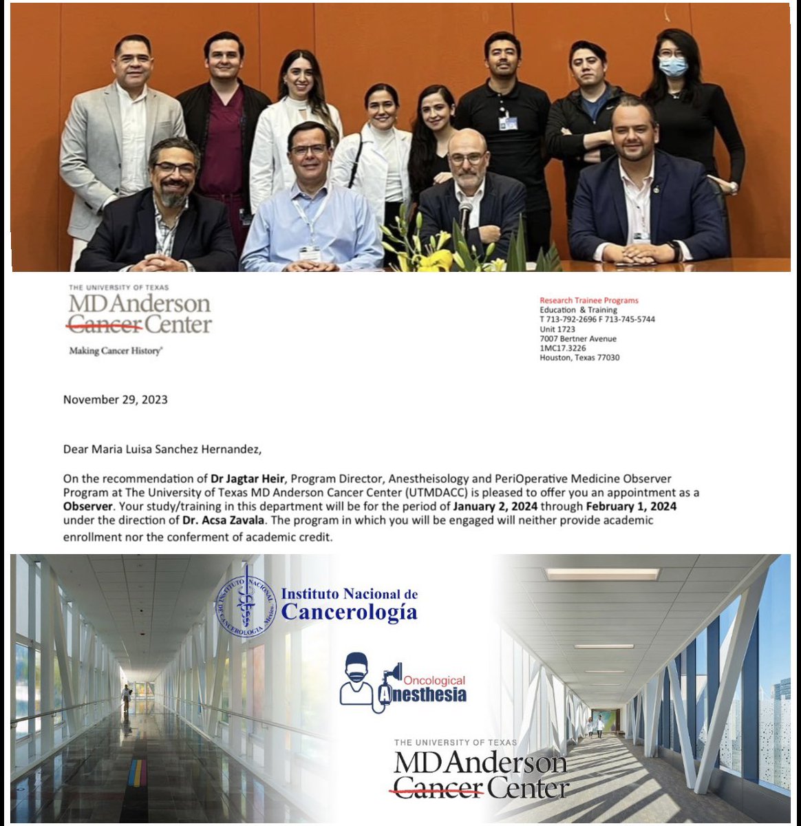 cuellarluis's tweet photo. Renovamos el vínculo de cooperación académica entre instituciones ( MD Anderson Cancer Center/ Instituto Nacional de Cancerología. Participacion “Observer Program” Residentes Anestesia Oncologica @incanMX en Houston Tx. @docenciaincan 
#ElPoderDeLaColaboracion
#incansables https://t.co/1jcjB3gDoJ