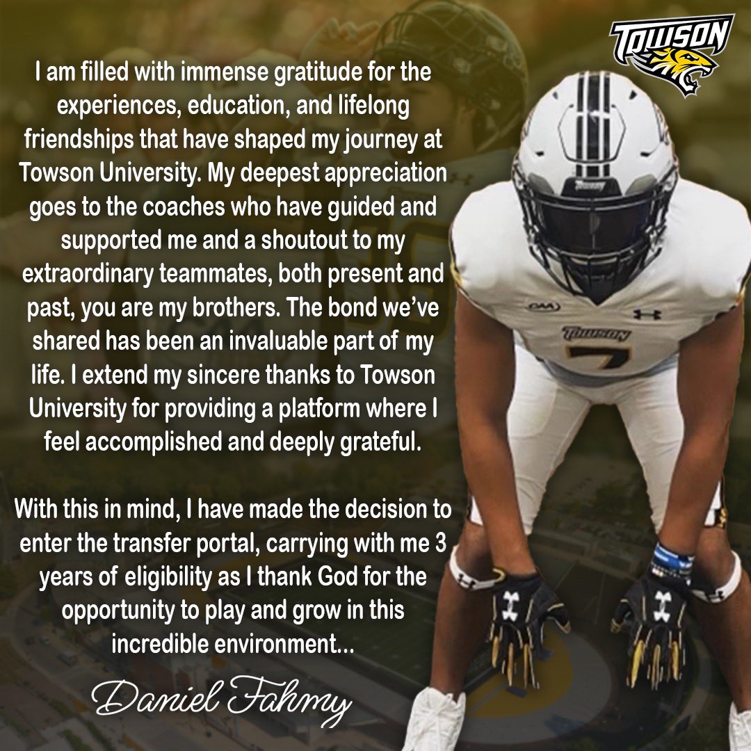 dfahmy200's tweet photo. Thank you Towson University, I am entering the portal with 3 years of eligibility. My recruitment is 100% OPEN! https://t.co/YWI0ECrTdD