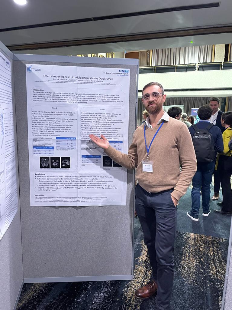 Proud to represent @StGeorgesTrust #MS team presenting two cases of enterovirus #encephalitis in patients treated with #ocrelizumab - rare, but important to carry out ongoing safety surveillance and share. #neurology #Encephalitis2023