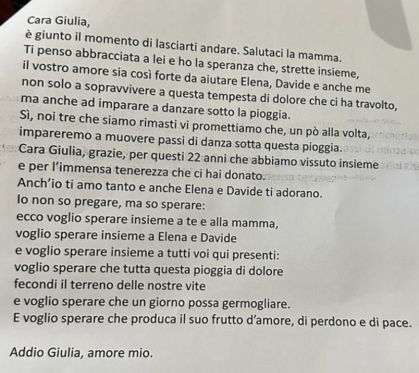 Le parole di Gino Cecchettin.

Dignità, civiltà e una forza gigantesca,

Grazie Gino.

Ciao Giulia, lo sentirai sempre il rumore che faremo. 

#GIULIACECCHETTIN