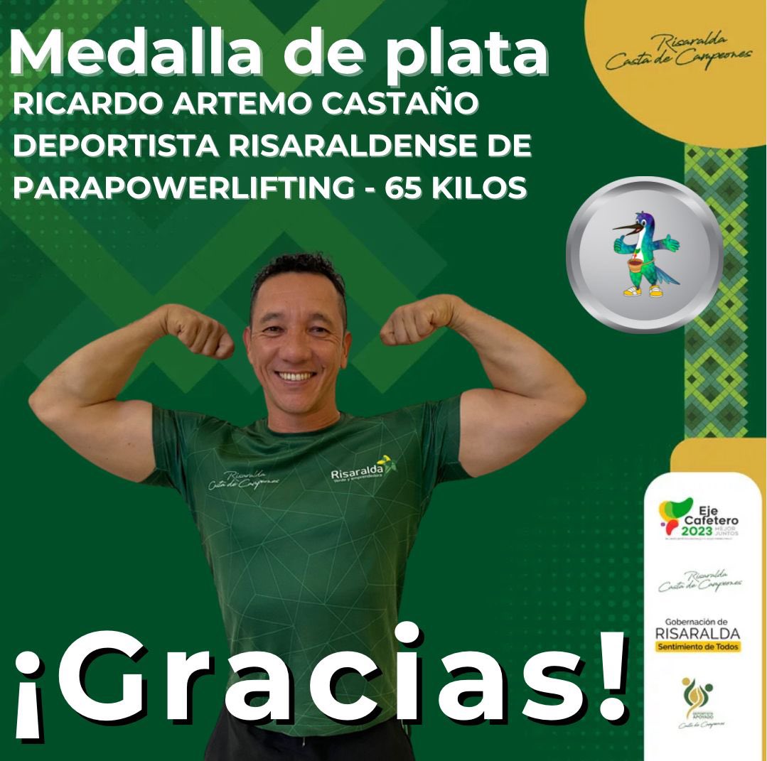 Ricardo Artemo Castaño ganó medalla de plata para Risaralda en parapowerlifting 🥈

👉🏻El deportista risaraldense Ricardo Artemo Castaño ganó la medalla de plata en el powerlifting hasta 65 kilogramos de los Juegos Paranacionales.💪🏼