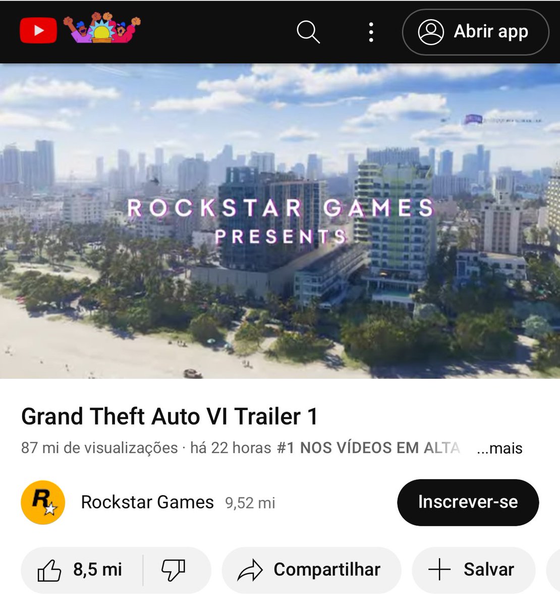 DavyJonesRJ's tweet photo. No momento os números são esses , GTA 6 chega a 87 MILHÕES de views , 8.5 MILHÕES de likes em menos de 24 horas 😱 https://t.co/djPwDeEz75