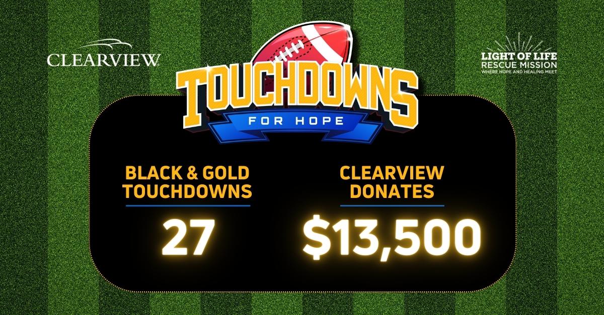 Clearview_FCU's tweet photo. The Black and Gold scored one touchdown during Sunday's game. We've raised our donation total to $13,500 for our wonderful friends at @LightofLife. If you'd like to contribute to this great cause, text LOL Touchdown to 50155. https://t.co/EvTbow27CD
#TouchdownsforHope https://t.co/A4Xfud45zl