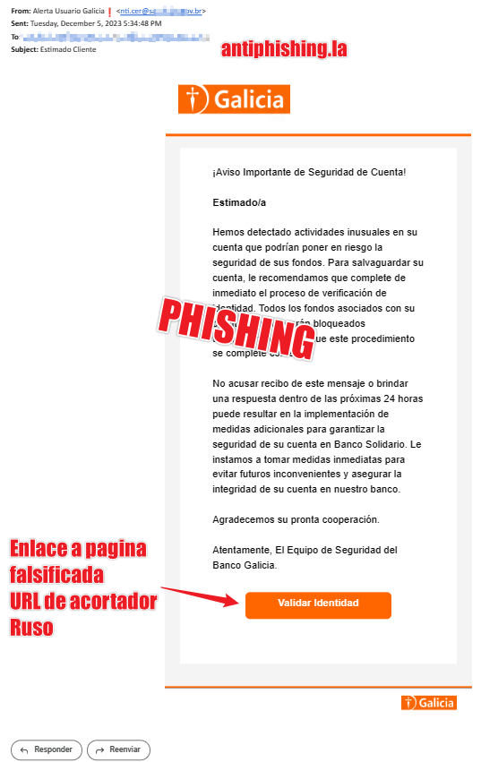 AntiPhishing_La's tweet photo. CUIDADO: Correo falsificando a @BancoGalicia 
Usa URL de acortador ruso. Enviado desde correo gubernamental brasilero vulnerado.

Página falsa solicita credenciales y token!!! https://t.co/8pePXtjeYQ