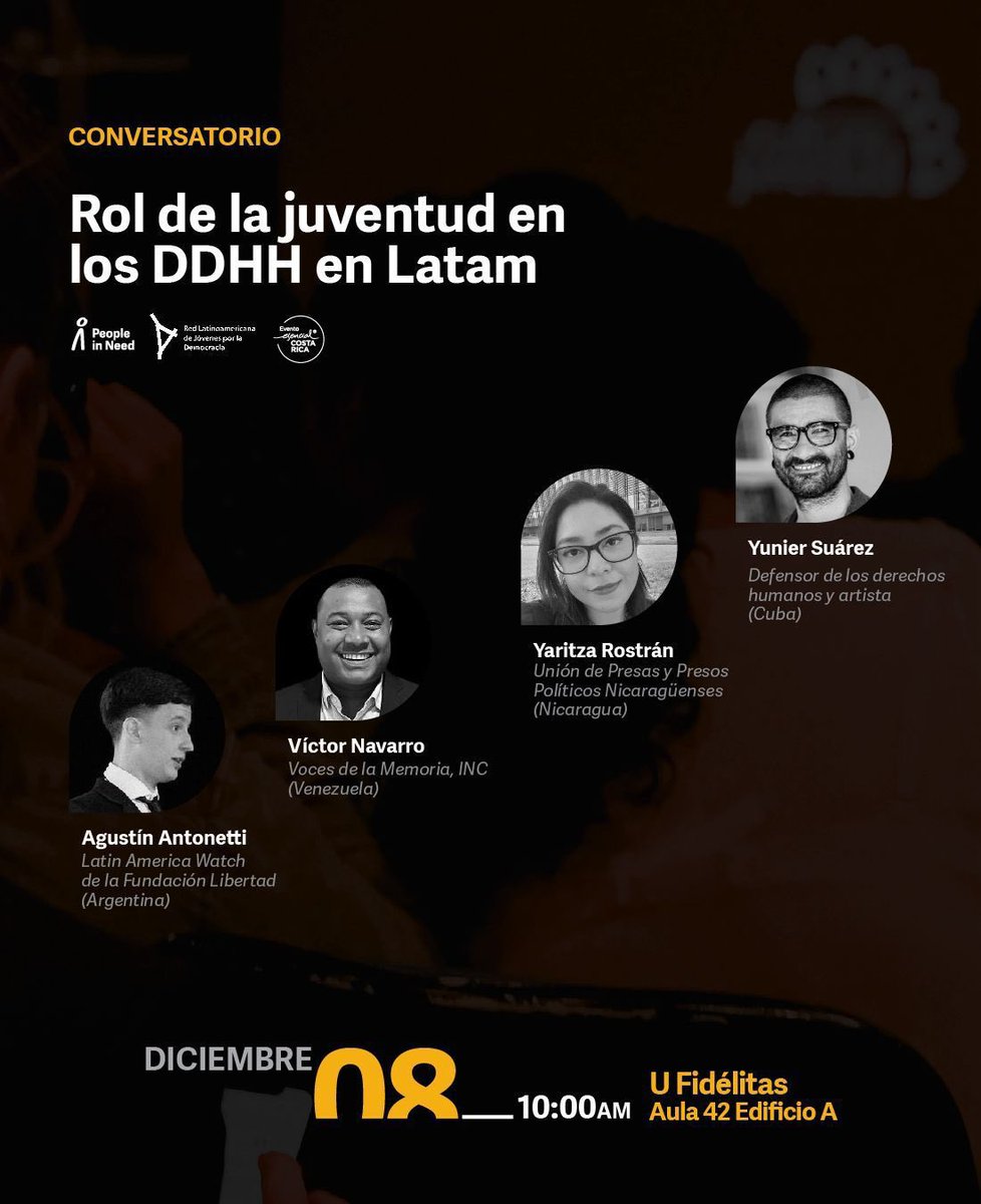 El próximo Viernes 8 de diciembre @agusantonetti estará participando del Conversatorio sobre el rol de la juventud en los Derechos Humanos en LATAM, organizado por @JuventudLAC y @PeopleInNeedLA en #CostaRica. 

Inscripciones vía: festivalsomos.org/registro/11