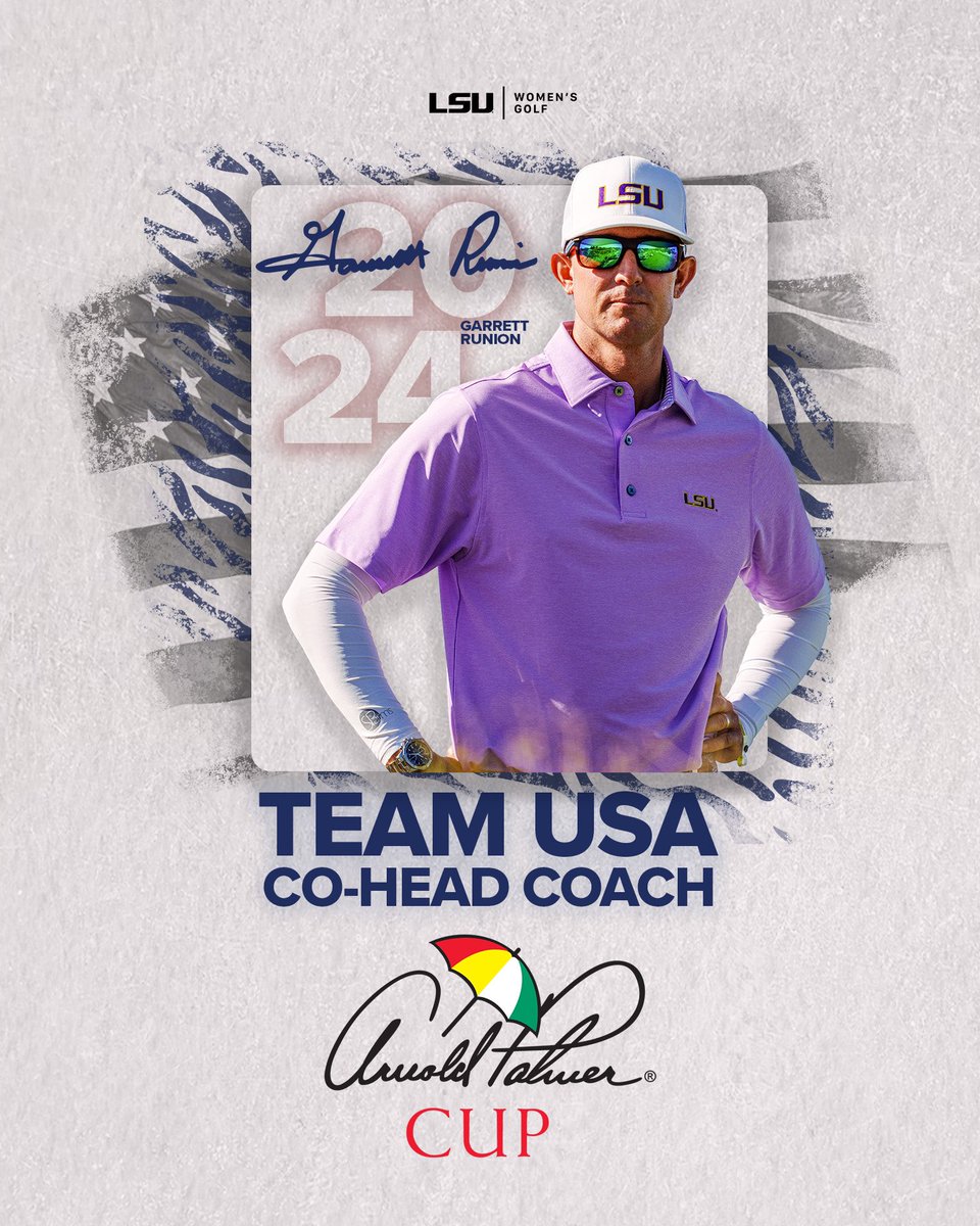 LSUWomensGolf's tweet image. Team 🇺🇸 will be led by two Tigers.

Garrett Runion and Alexis Rather have been named Team 🇺🇸 co-head coach and assistant coach for the 2024 @ArnoldPalmerCup!

🔗 lsul.su/3t3Cqdc