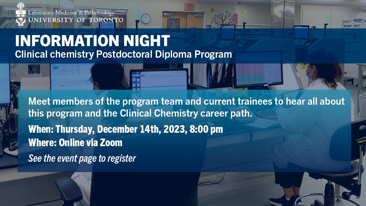 Join our Clinical Chemistry Postdoctoral Diploma program information night! 🧪

Meet members of the program team and current trainees to hear all about this program and the Clinical Chemistry career path. Ask any questions you have.

When: Dec 14, 8pm

🔗ow.ly/ojUB50QfBqt