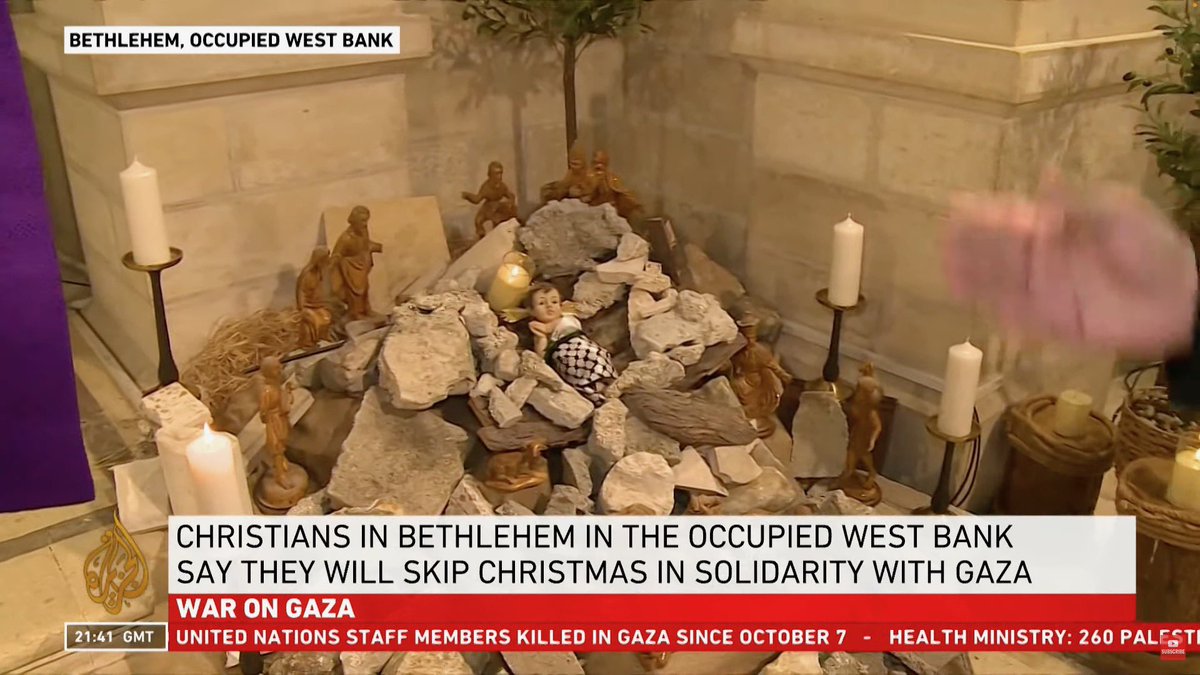 A church in Bethlehem, where Christmas celebrations have been cancelled, has placed the baby Jesus on a pile of rubble. “Jesus was born among the occupied,” says the pastor.