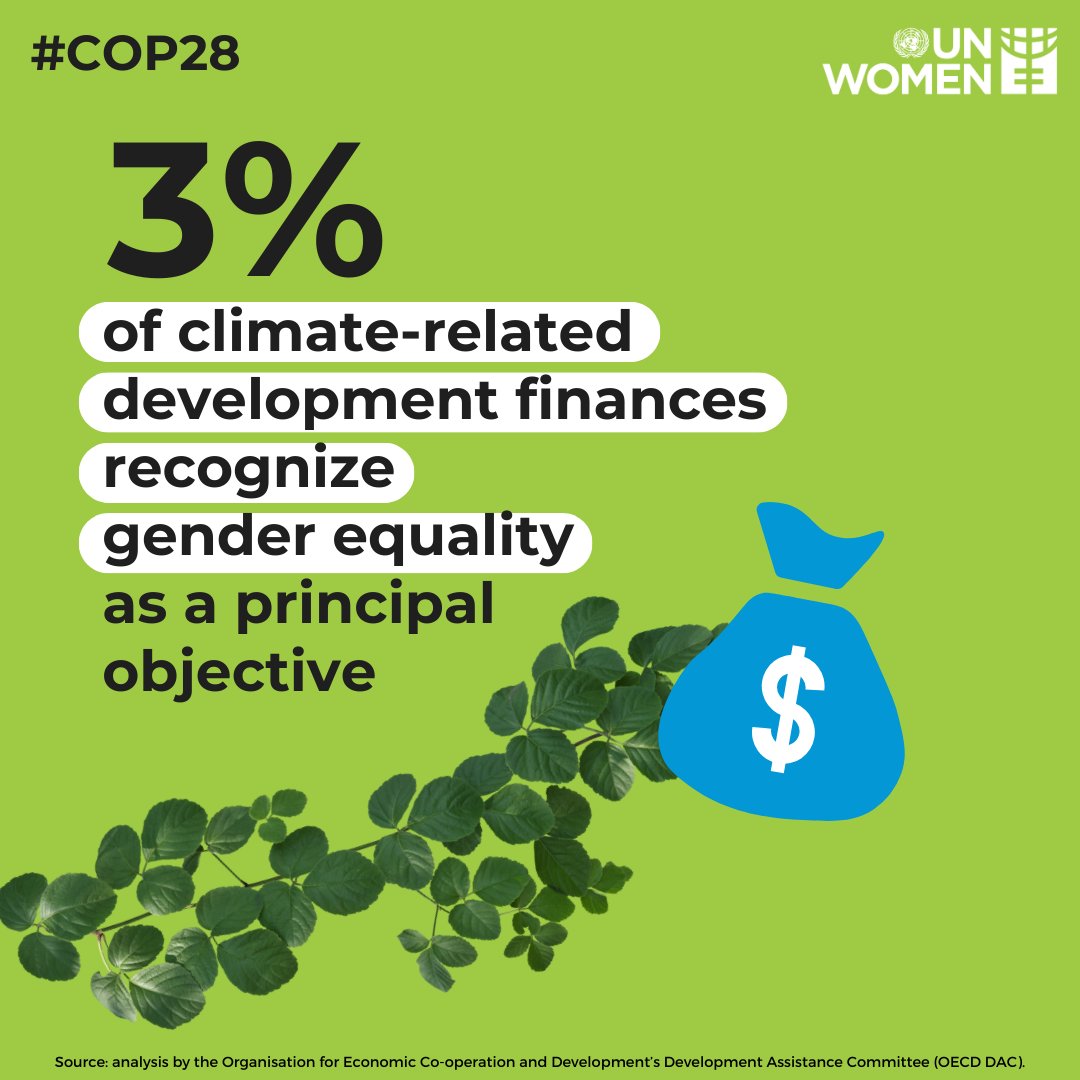 Only 3% of climate-related development finances recognize #GenderEquality as a principal objective.

Women and girls are uniquely affected by climate change, yet their rights and needs are systematically overlooked.

Gender equality must be at the heart of #ClimateAction!

#COP28