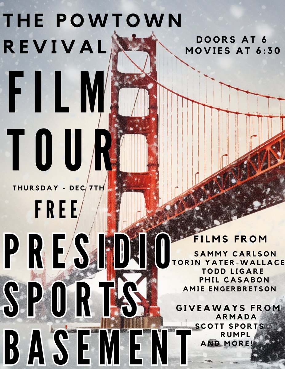 San Francisco! Join us Thursday night at the Presidio Sports Basement for a FREE night of ski films. <a href="/AEngerbretson/">Amie Engerbretson</a> and I will be there hosting and we’ve got some <a href="/armadaskis/">ARMADA</a> skis and outerwear to give away + a bunch of gear from <a href="/goRumpl/">Rumpl</a> and <a href="/scottfreeski/">SCOTT Wintersports</a> + more 
Doors@6