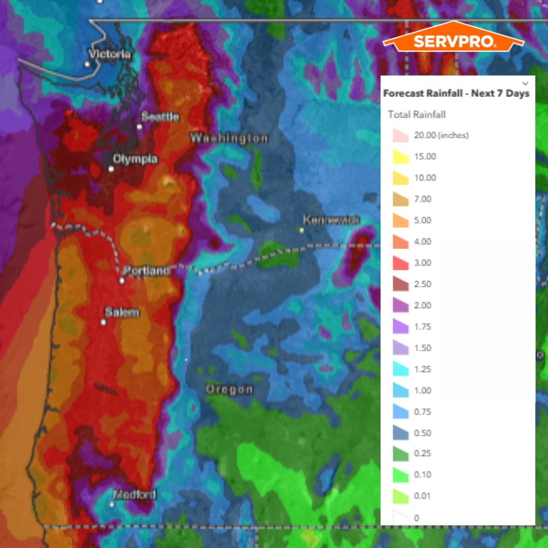 🌧️☔️ Ragin' Rain Alert in the PNW! ⚠️ Brace for 2-5+ inches today, Oregon and Washington! Keep an eye out for flooded rivers and roads. If water damage strikes, reach out to SERVPRO of Puyallup / Sumner at (253) 848-0800. We're Here to Help. 🚨 #SERVPRO #OneTeam #FloodWatch