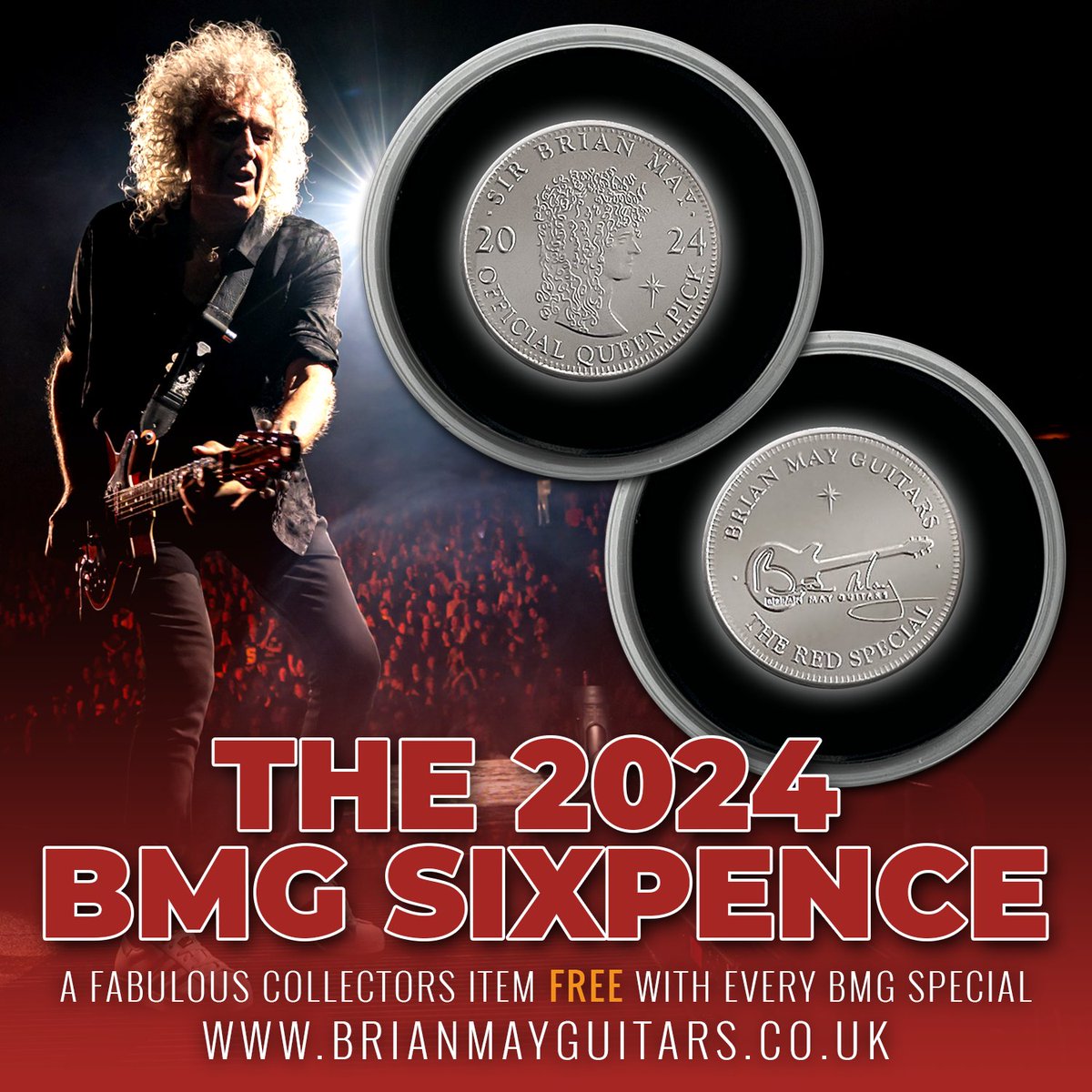 Coinciding with the 60th anniversary of the completion of @DrBrianMay's Red Special, and 20 glorious years since the launch of @BrianMayGuitars, every new BMG Special now ships complete with a fabulous FREE 2024 OFFICIAL SIXPENCE COIN Offer exclusive to BrianMayGuitars.co.uk