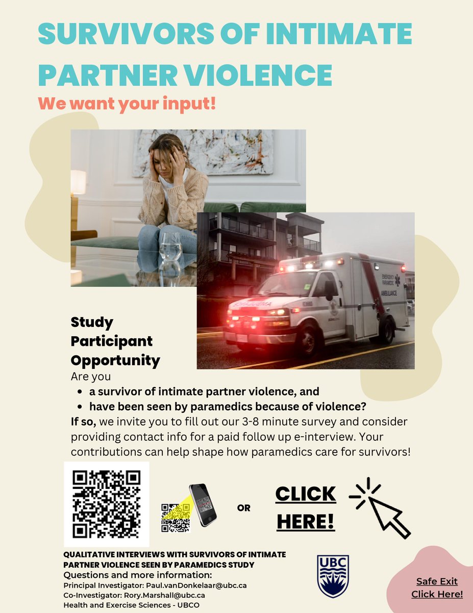 UBCO Health & Exercise Sciences are conducting a study w/ women who are survivors of IPV who were seen by paramedics for violence-caused reasons. The project goal is to characterize the survivor experience to drive positive change in the care provided to survivors by paramedics.