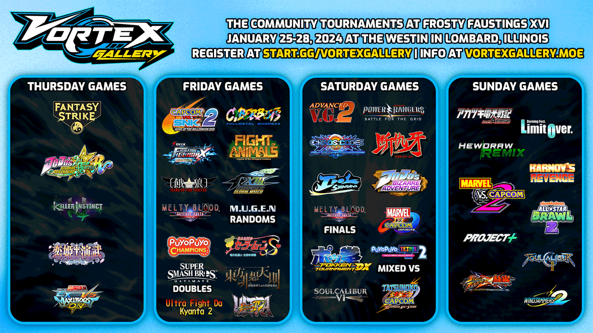 956Productions's tweet photo. Presenting the Preliminary Schedule for Vortex Gallery at Frosty Faustings XVI!

🌀 Register at https://t.co/pyXBPBDfWa
❄️ Buy an event pass at https://t.co/H3BW1tECpj
🏨 Rooms available! https://t.co/dJXtyaUZG0
ℹ️ VG Tournament info: https://t.co/rZj9ruUCPu
#VGFFXVI x #FFXVI2024 https://t.co/xqPHqSGWzG