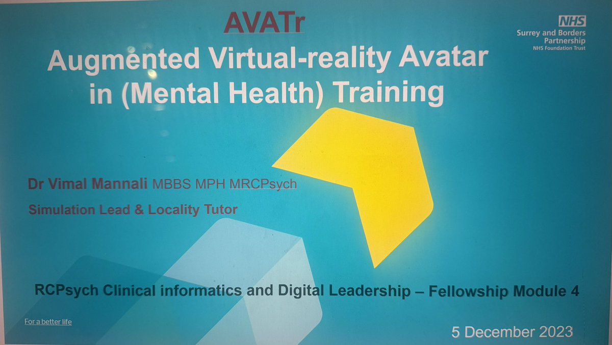 VimMannali's tweet photo. Greatly enjoyed speaking to a spirited Higher Trainee audience at RCPsych Clinical Informatics and Digital Leadership - Fellowship module!

Thank you @AyeshaRahimCCIO &amp; @Asifmbachlani for opportunity to showcase #AVATr Virtual Reality Sim Platform @sabpNHS @SiM4Psych @jmudunko https://t.co/rB3eul8tSP