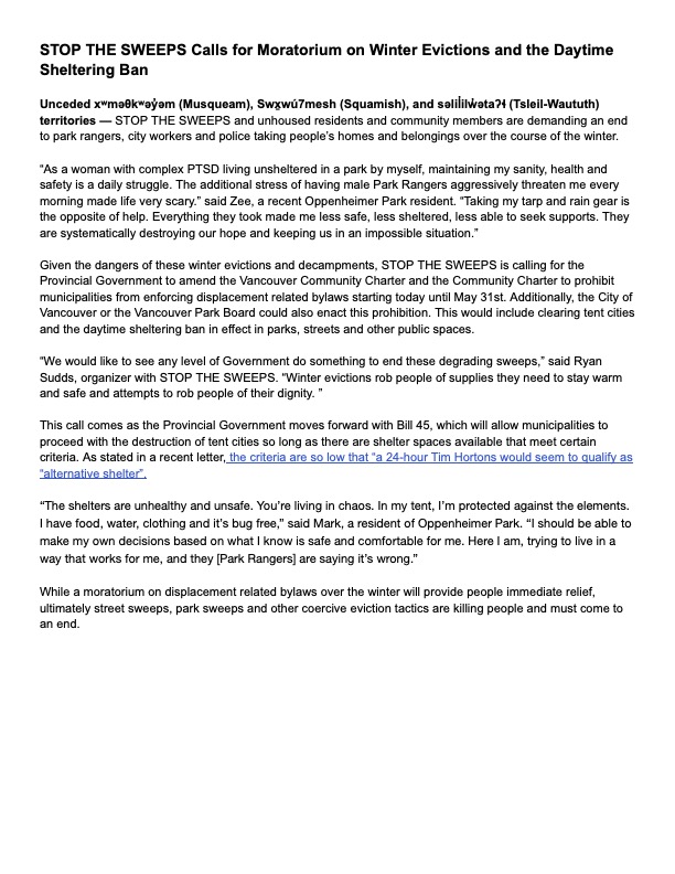 stopsweepsvan's tweet photo. Our call is for @Dave_Eby, @KenSimCity and/or the @ParkBoard to do everything &amp; anything to end winter displacement and evictions and lift the daytime shelter ban.

These three levels of Government each have the power to protect people's homes and belongings over the winter.

7/ https://t.co/0eYbgAfBRQ