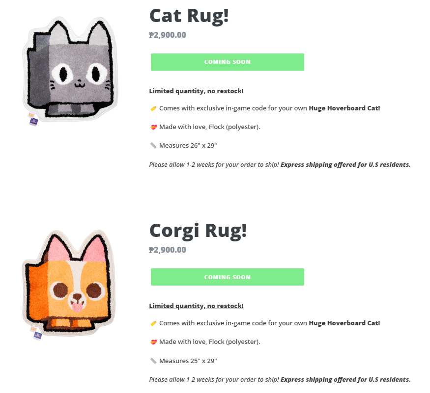 Pet Simulator News on X: Cat Rug and Corgi Rug is coming soon. This merch  comes with a code for Huge Hoverboard Cat!  / X